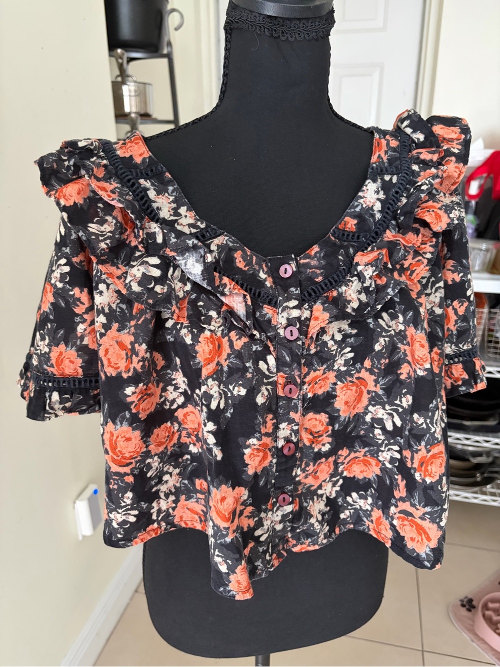 Free People Black Crop Top with Coral Floral Print